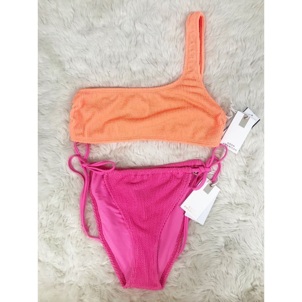 GOOD AMERICAN One Shoulder String Bikini Neon Orange Barbie Pink Large X-Large